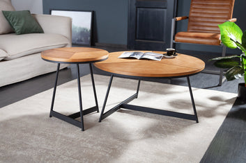 Contemporary Round Nesting Coffee Table Set with Wooden Top and Metal Base
