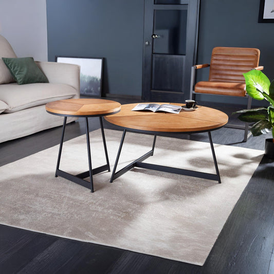 Contemporary Round Nesting Coffee Table Set with Wooden Top and Metal Base
