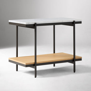 Pierce Modern Marble Side Table with Black Metal Frame and Natural Wood Shelf – Luxury End Table for Living Room or Bedroom
