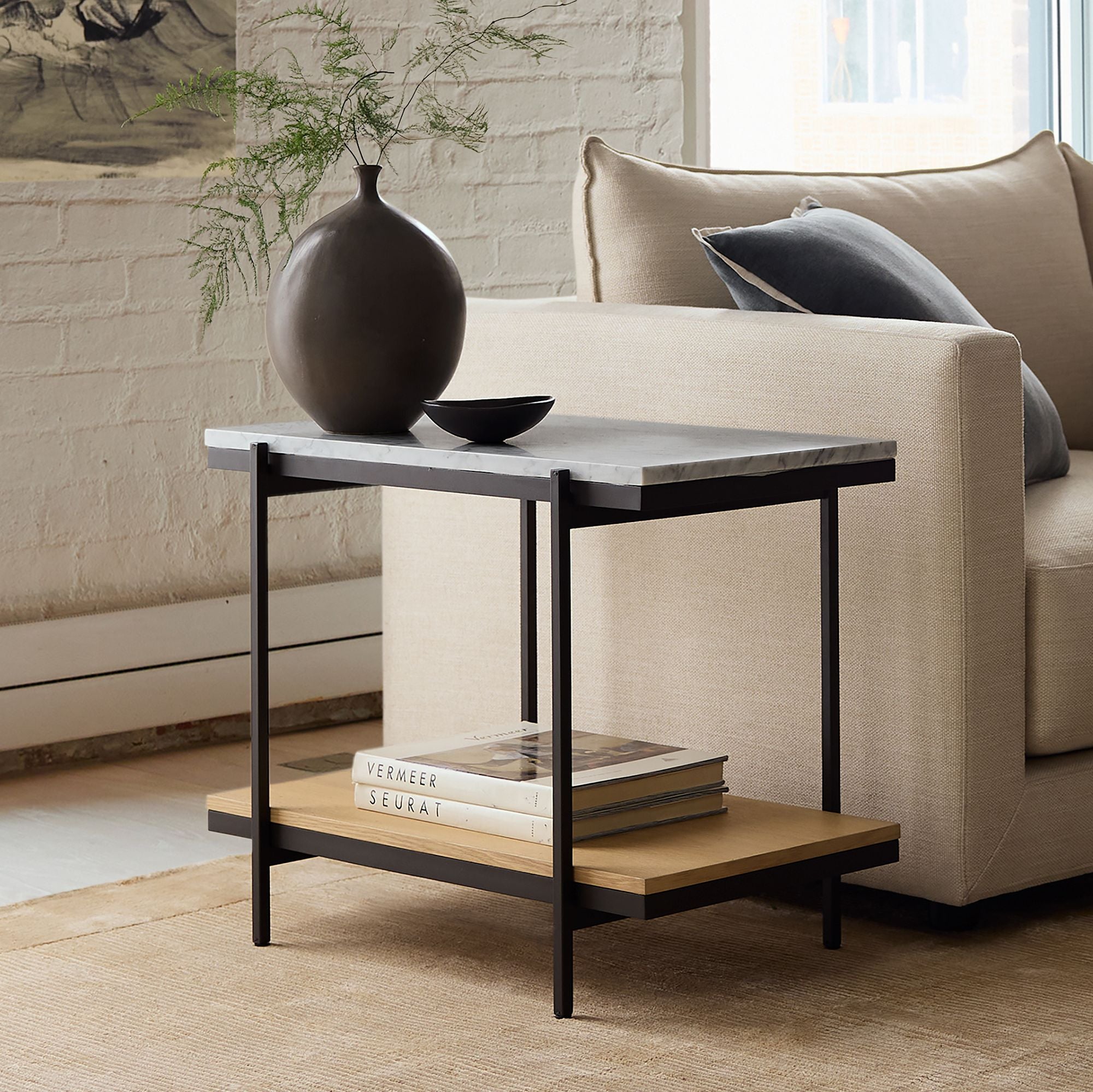 Pierce Modern Marble Side Table with Black Metal Frame and Natural Wood Shelf – Luxury End Table for Living Room or Bedroom