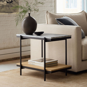 Pierce Modern Marble Side Table with Black Metal Frame and Natural Wood Shelf – Luxury End Table for Living Room or Bedroom