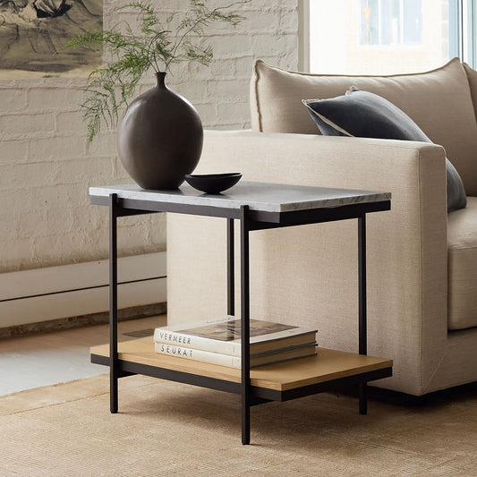 Pierce Modern Marble Side Table with Black Metal Frame and Natural Wood Shelf – Luxury End Table for Living Room or Bedroom