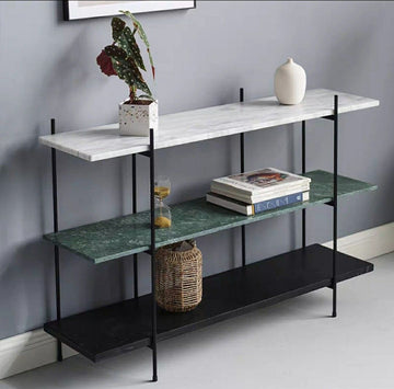 Three-Tier Stone & Metal Display Shelf – Marble, Green Stone & Black Base
