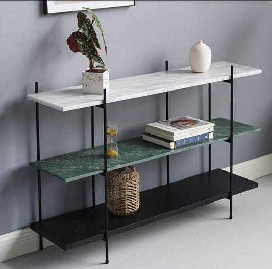 Three-Tier Stone & Metal Display Shelf – Marble, Green Stone & Black Base