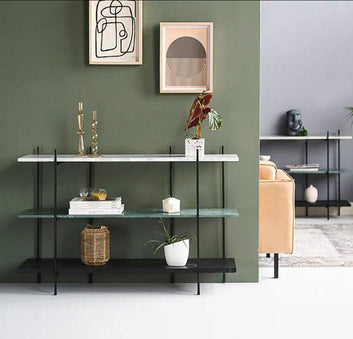 Three-Tier Stone & Metal Display Shelf – Marble, Green Stone & Black Base