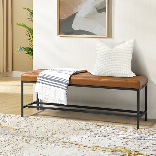 Faux Leather Tufted Bench with Black Metal Frame