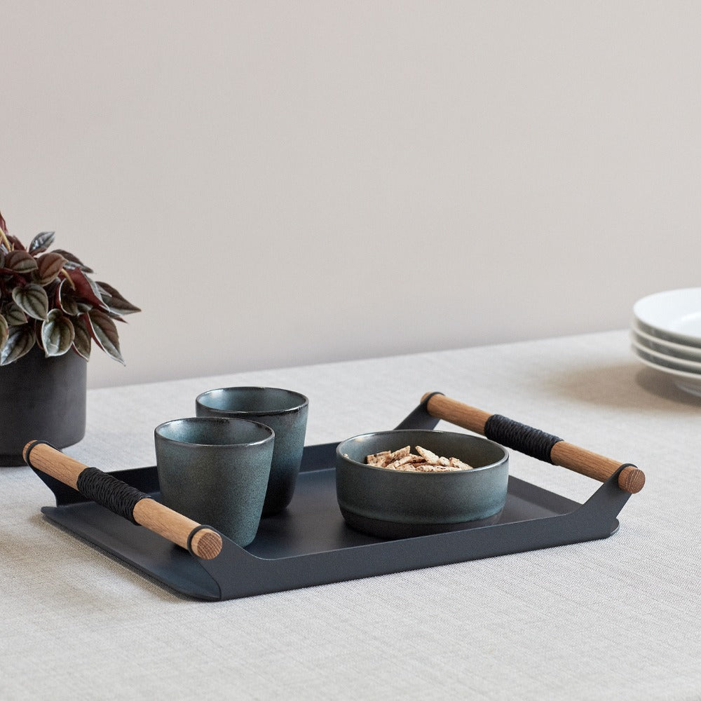 MAGHJI Modern Decorative Serving Tray with Wooden Handles, Grey Metal, Rectangular Design, Set of 2.