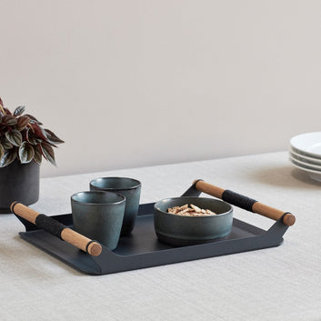 MAGHJI Modern Decorative Serving Tray with Wooden Handles, Grey Metal, Rectangular Design, Set of 2