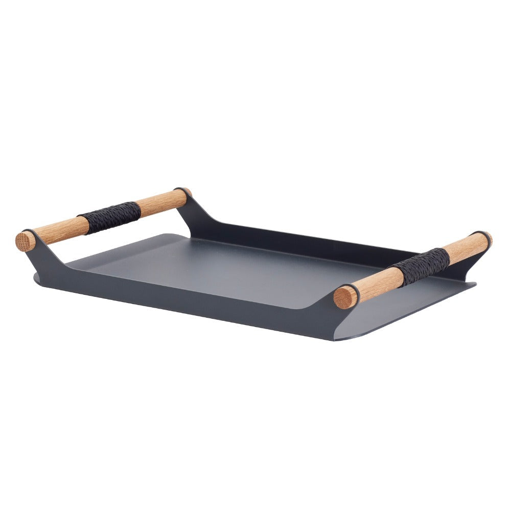 MAGHJI Modern Decorative Serving Tray with Wooden Handles, Grey Metal, Rectangular Design, Set of 2.